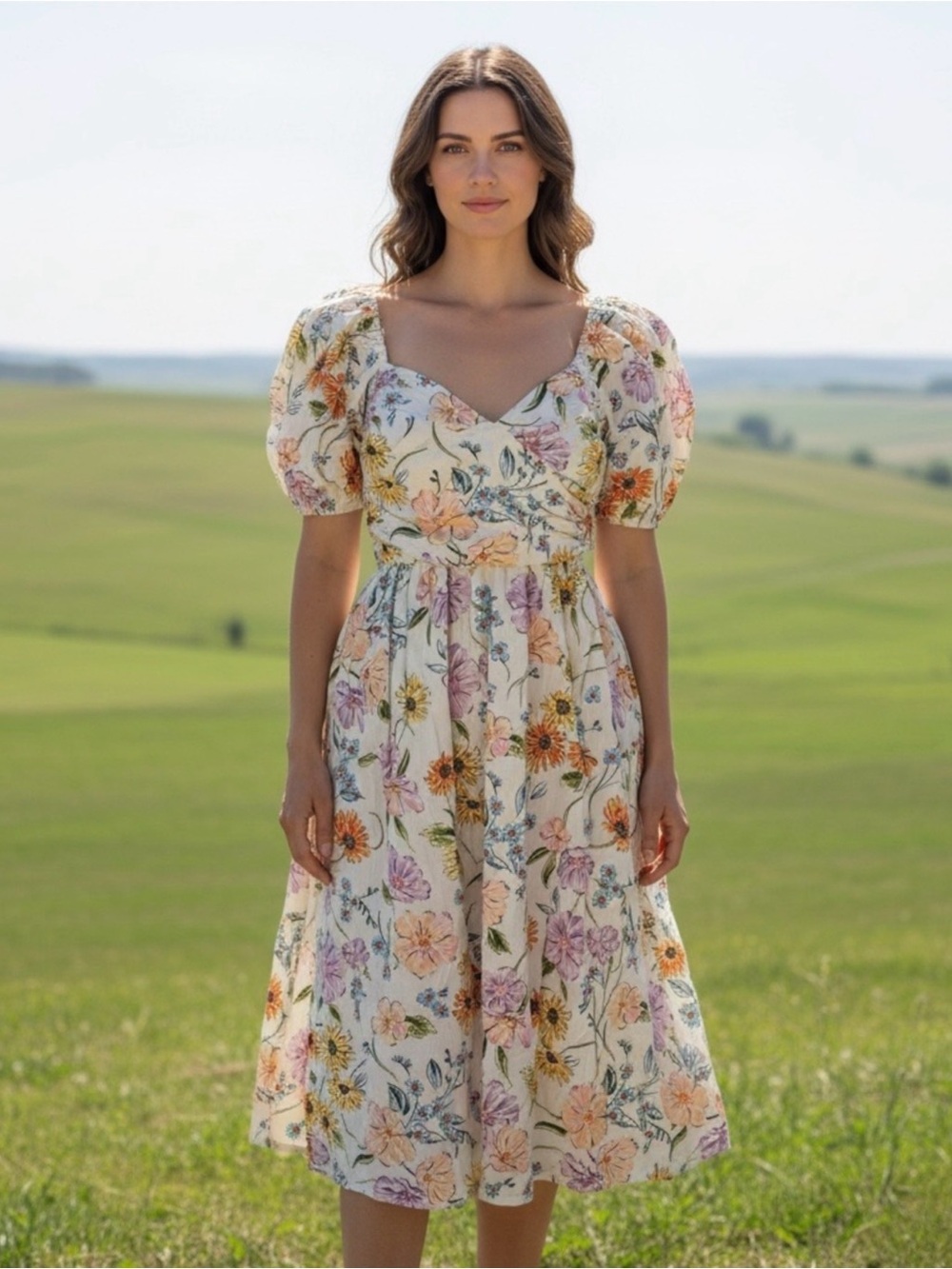 Crown & Ivy Cottagecore Garden Floral Puff Sleeve Smocked Back Midi Dress M NWOT